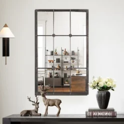 LuxenHome Rustic Brown Metal Frame Windowpane Accent Wall Mirror