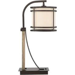 Franklin Iron Works Gentry Industrial Desk Lamp 22" High Oil Rubbed Bronze Faux Wood Cage With USB And AC Power Outlet In Base Oatmeal Shade For Desk -Lighting Specialty Store GUEST 19ef54f6 fb9e 4496 a088 ce71f4fcce3f
