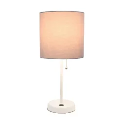 19.5" Bedside USB Port Feature Metal Table Desk Lamp White With Gray Fabric Shade - Creekwood Home
