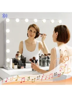 Fenchilin Large Hollywood Lighted Makeup Vanity Mirror With 15 Dimmable LED Bulbs And Bluetooth Speaker For Dressing Room And Bedroom Or Wall-Mounted
