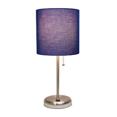 19.5" Bedside USB Port Feature Metal Table Desk Lamp Brushed Steel With Navy Fabric Shade - Creekwood Home 3 19.5" Bedside USB Port Feature Metal Table Desk Lamp Brushed Steel With Navy Fabric Shade - Creekwood Home