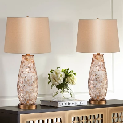 Regency Hill Cottage Table Lamps 26.5" High Set Of 2 Mother Of Pearl Tile Vase Beige Drum Shade For Living Room Family Bedroom Bedside Office 3 Regency Hill Cottage Table Lamps 26.5" High Set Of 2 Mother Of Pearl Tile Vase Beige Drum Shade For Living Room Family Bedroom Bedside Office