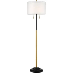 Possini Euro Design Roxie Modern Floor Lamp With Riser 65 1/2" Tall Brass Black Metal Sheer Linen Double Drum Shade For Living Room Bedroom Office -Lighting Specialty Store GUEST 3a086c6e 1973 4084 b26b e9fc7acd17aa