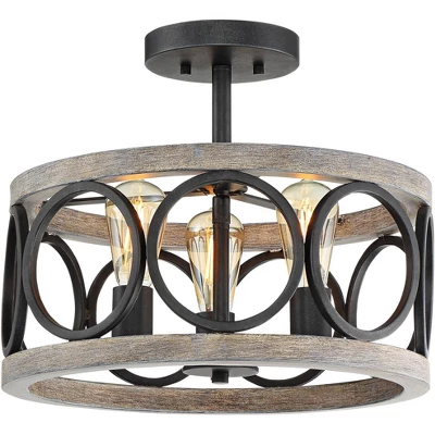 Franklin Iron Works Salima Rustic Farmhouse Ceiling Light Semi Flush Mount 16" Wide Black Gray Wood 3-Light For Bedroom Kitchen Living Room Hallway 6 Franklin Iron Works Salima Rustic Farmhouse Ceiling Light Semi Flush Mount 16" Wide Black Gray Wood 3-Light For Bedroom Kitchen Living Room Hallway - Image 4