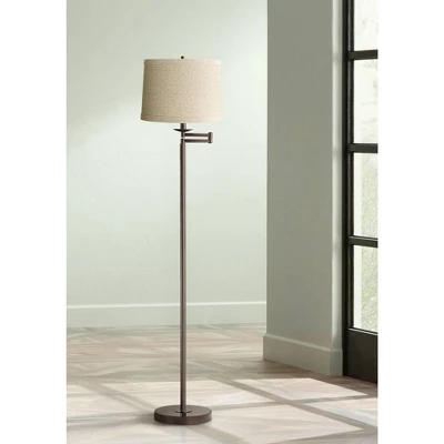 360 Lighting Modern Swing Arm Floor Lamp 60.5" Tall Bronze Natural Linen Drum Shade For Living Room Reading Bedroom Office 3 360 Lighting Modern Swing Arm Floor Lamp 60.5" Tall Bronze Natural Linen Drum Shade For Living Room Reading Bedroom Office