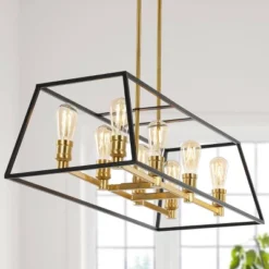 35" 8-Light Liane Farmhouse Industrial Iron Linear LED Pendant Black/Brass Gold - JONATHAN Y