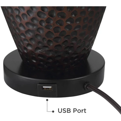 Franklin Iron Works Kaly Rustic Industrial Table Lamps 25" High Set Of 2 Hammered Oiled Bronze With USB Charging Port Faux Leather Drum Shade For Desk 7 Franklin Iron Works Kaly Rustic Industrial Table Lamps 25" High Set Of 2 Hammered Oiled Bronze With USB Charging Port Faux Leather Drum Shade For Desk - Image 5