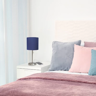 19.5" Bedside USB Port Feature Metal Table Desk Lamp Brushed Steel With Navy Fabric Shade - Creekwood Home 9 19.5" Bedside USB Port Feature Metal Table Desk Lamp Brushed Steel With Navy Fabric Shade - Creekwood Home - Image 7