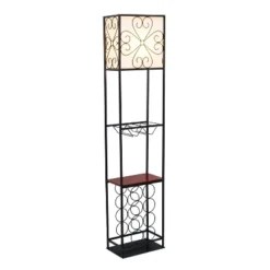 Etagere Organizer Wood Accented Storage Shelf And Wine Rack With Linen Shade Floor Lamp Black - Elegant Designs