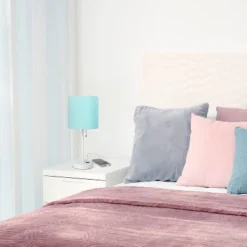 19.5" Bedside USB Port Feature Metal Table Desk Lamp White With Aqua Blue Fabric Shade - Creekwood Home -Lighting Specialty Store GUEST 682ec88b e574 4904 b95d 32471002c592