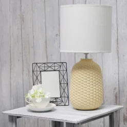 20.4" Traditional Ceramic Purled Texture Bedside Table Desk Lamp With White Fabric Drum Shade Yellow - Simple Designs -Lighting Specialty Store GUEST 77072c7d a8e3 4bee 8649 134918e2663a