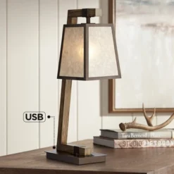 Franklin Iron Works Tribeca Rustic Farmhouse Table Lamp 25" High Metal With USB Charging Port Light Mica Drum Shade For Bedroom Living Room Bedside