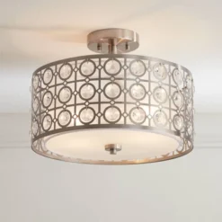 Possini Euro Design Saira Modern Ceiling Light Semi Flush Mount Fixture 16" Wide Brushed Nickel Crystal Organza Drum Shade For Bedroom Kitchen Hallway