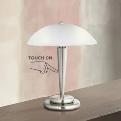 360 Lighting Deco Modern Accent Table Lamp 17" High Brushed Steel Touch On Off White Glass Dome Shade For Bedroom Bedside Nightstand Office Family
