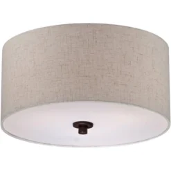 Regency Hill Sylvan Modern Ceiling Light Semi Flush Mount Fixture 14" Wide Bronze 3-Light Oatmeal Fabric Drum Shade For Bedroom Kitchen Living Room -Lighting Specialty Store GUEST a02f0228 5e2e 4bb5 b0fc a78de8efcac0