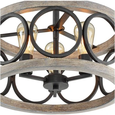 Franklin Iron Works Salima Rustic Farmhouse Ceiling Light Semi Flush Mount 16" Wide Black Gray Wood 3-Light For Bedroom Kitchen Living Room Hallway 4 Franklin Iron Works Salima Rustic Farmhouse Ceiling Light Semi Flush Mount 16" Wide Black Gray Wood 3-Light For Bedroom Kitchen Living Room Hallway - Image 2