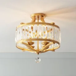 Vienna Full Spectrum Prava Modern Ceiling Light Semi Flush Mount Fixture 16 1/2" Wide Warm Brass 4-Light Crystal Drum For Bedroom Kitchen Living Room