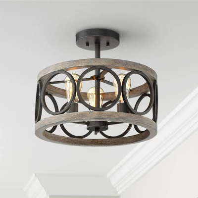 Franklin Iron Works Salima Rustic Farmhouse Ceiling Light Semi Flush Mount 16" Wide Black Gray Wood 3-Light For Bedroom Kitchen Living Room Hallway 3 Franklin Iron Works Salima Rustic Farmhouse Ceiling Light Semi Flush Mount 16" Wide Black Gray Wood 3-Light For Bedroom Kitchen Living Room Hallway