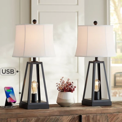 Franklin Iron Works Kacey Modern Table Lamps 25 1/4" High Set Of 2 Dark Metal With USB Charging Port Nightlight LED White Softback Shade For Home Desk 3 Franklin Iron Works Kacey Modern Table Lamps 25 1/4" High Set Of 2 Dark Metal With USB Charging Port Nightlight LED White Softback Shade For Home Desk
