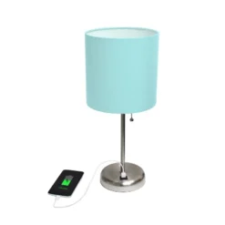 19.5" Bedside USB Port Feature Metal Table Desk Lamp Brushed Steel With Aqua Blue Fabric Shade - Creekwood Home -Lighting Specialty Store GUEST af0fcb74 256f 4c50 a804 545b5ead6153