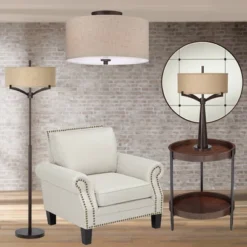 Regency Hill Sylvan Modern Ceiling Light Semi Flush Mount Fixture 14" Wide Bronze 3-Light Oatmeal Fabric Drum Shade For Bedroom Kitchen Living Room -Lighting Specialty Store GUEST bf13db88 b0e3 440c 8c47 5d9950a0d8e3