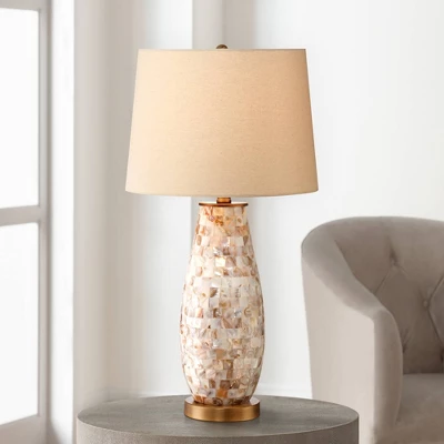 Regency Hill Cottage Table Lamps 26.5" High Set Of 2 Mother Of Pearl Tile Vase Beige Drum Shade For Living Room Family Bedroom Bedside Office 8 Regency Hill Cottage Table Lamps 26.5" High Set Of 2 Mother Of Pearl Tile Vase Beige Drum Shade For Living Room Family Bedroom Bedside Office - Image 6
