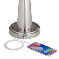 360 Lighting Karla Modern Table Lamps 25" High Set Of 2 Brushed Steel Column With USB Charging Port White Fabric Shade For Bedroom Living Room Desk -Lighting Specialty Store GUEST c260550a 1212 48ce 8e3a 12942738bf95