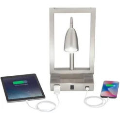 Possini Euro Design Modern Table Lamp With USB Outlet Reading Light LED 29.25" Tall Brushed Nickel Rectangular Off White Shade Bedroom Office -Lighting Specialty Store GUEST c35c7439 94c9 43f0 9cd2 642b430b7a03