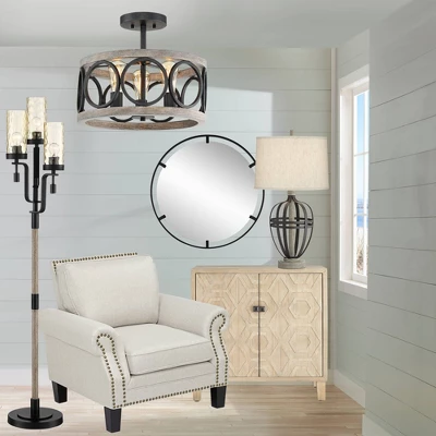Franklin Iron Works Salima Rustic Farmhouse Ceiling Light Semi Flush Mount 16" Wide Black Gray Wood 3-Light For Bedroom Kitchen Living Room Hallway 10 Franklin Iron Works Salima Rustic Farmhouse Ceiling Light Semi Flush Mount 16" Wide Black Gray Wood 3-Light For Bedroom Kitchen Living Room Hallway - Image 8
