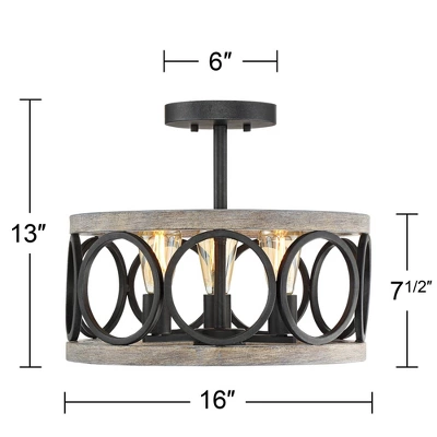 Franklin Iron Works Salima Rustic Farmhouse Ceiling Light Semi Flush Mount 16" Wide Black Gray Wood 3-Light For Bedroom Kitchen Living Room Hallway 9 Franklin Iron Works Salima Rustic Farmhouse Ceiling Light Semi Flush Mount 16" Wide Black Gray Wood 3-Light For Bedroom Kitchen Living Room Hallway - Image 7