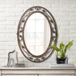 Franklin Iron Works Eden Oval Vanity Wall Mirror Vintage Rustic Beveled French Bronze Flower Vine Open Metal Frame 24" Wide For Bathroom Bedroom House