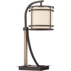 Franklin Iron Works Gentry Industrial Desk Lamp 22" High Oil Rubbed Bronze Faux Wood Cage With USB And AC Power Outlet In Base Oatmeal Shade For Desk -Lighting Specialty Store GUEST e3cef309 c454 45d6 a010 6a10c5bf9fcd