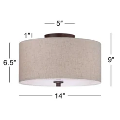 Regency Hill Sylvan Modern Ceiling Light Semi Flush Mount Fixture 14" Wide Bronze 3-Light Oatmeal Fabric Drum Shade For Bedroom Kitchen Living Room -Lighting Specialty Store GUEST f0963af3 123f 45f3 9682 fe553a845f8e