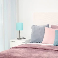 19.5" Bedside USB Port Feature Metal Table Desk Lamp Brushed Steel With Aqua Blue Fabric Shade - Creekwood Home -Lighting Specialty Store GUEST f152a596 a214 4126 be1f 55b4c566e442