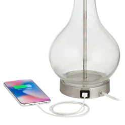 360 Lighting Modern Accent Table Lamps 21.75" High Set Of 2 With USB Charging Port Clear Glass Blue Drum Shade For Living Room Desk Bedroom Office -Lighting Specialty Store GUEST f6595bd8 793b 43e3 bb52 bb51684af625